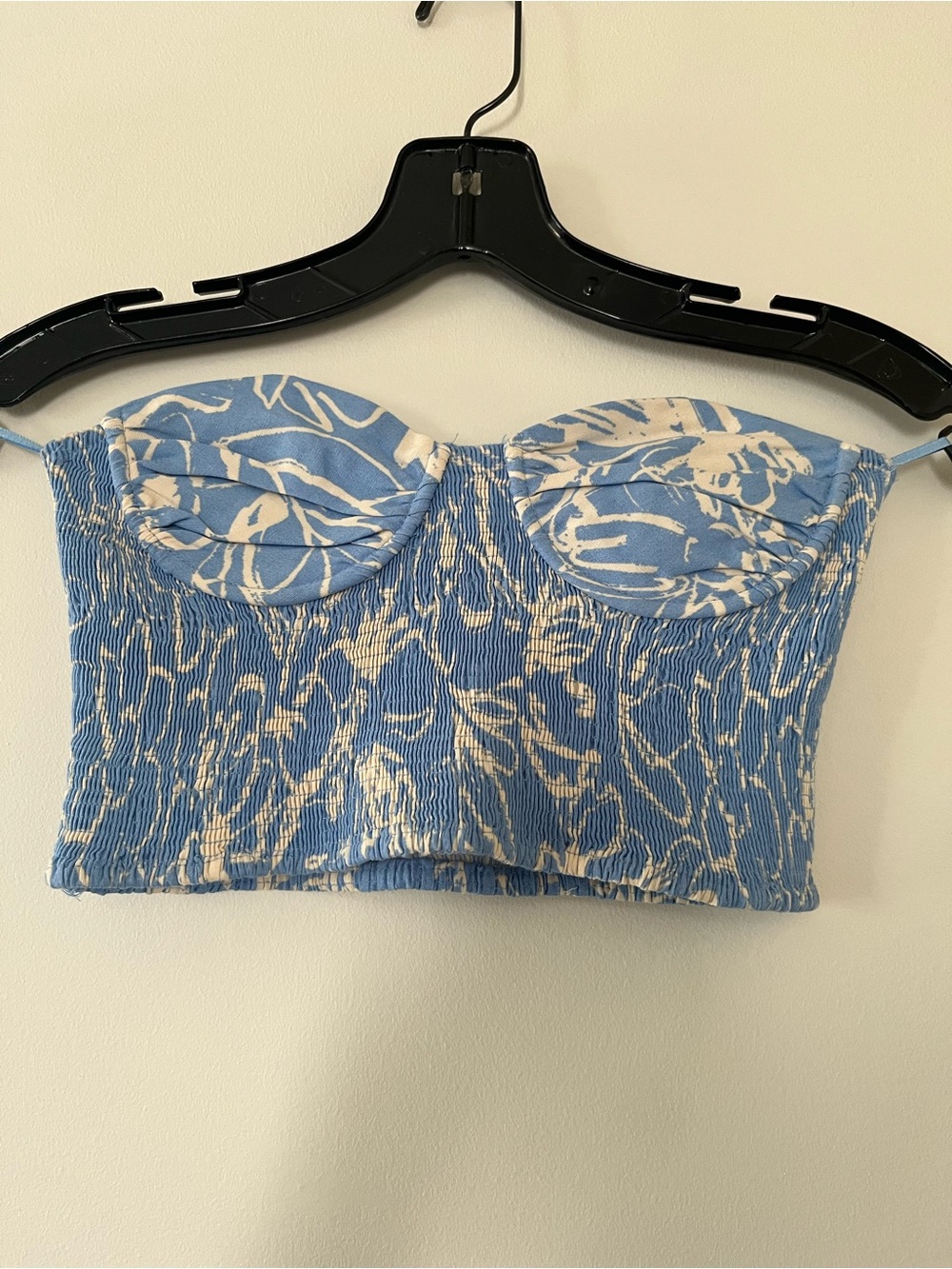 Zara Blue Bustier Bra Strapless Top Small Smocked Corset Bralette Euro Summer